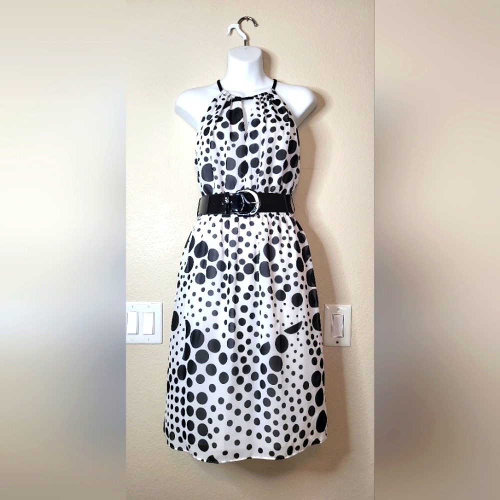 Black/White Polka Dot Halter Midi Dress Sz 6